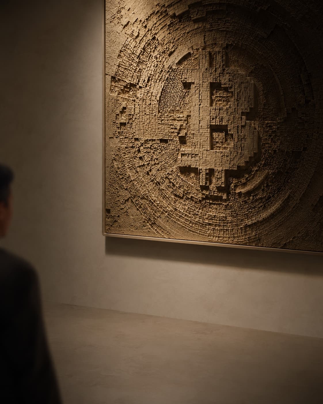 A sculpted Bitcoin relief artwork hanging in a gallery, viewed by a collector