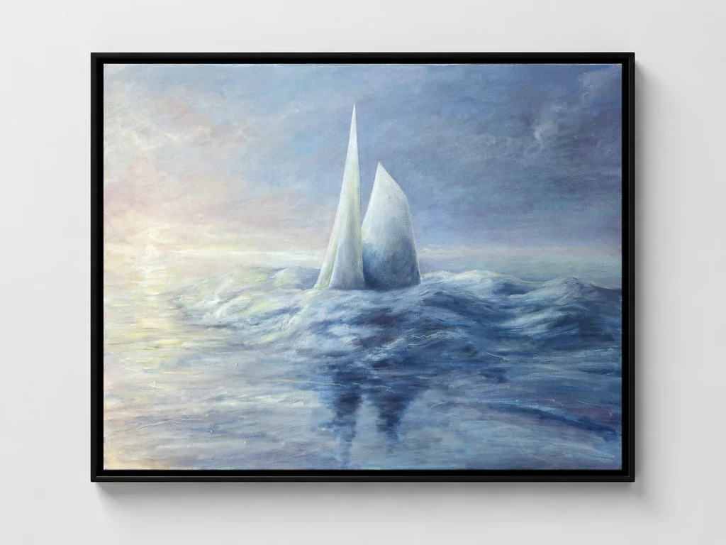 Framed oil painting of two pale, sail-like forms rising from blue water under a cloudy sky