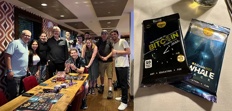 A group seated around a dinner table with Bitcoin Trading Cards laid out, beside two unopened Bitcoin and Whale packs