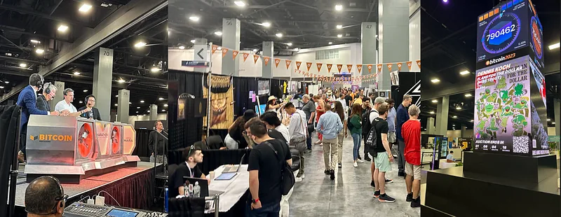 Three views of a busy Bitcoin Miami 2023 conference floor, with crowds moving between the booths