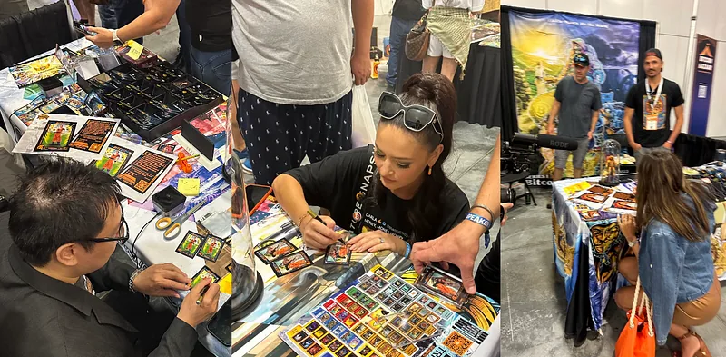 Three views of the Bitcoin Trading Cards booth, with attendees signing and browsing cards