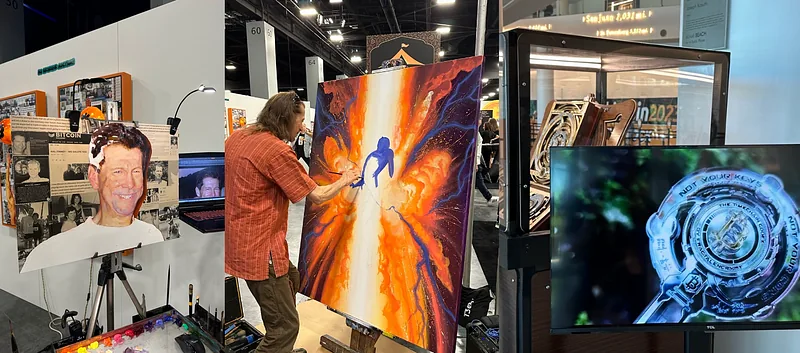 An artist live-painting a large canvas at the conference, beside a screen showing a Fractal Encrypt key