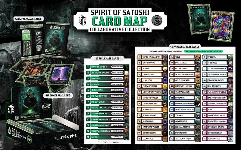 The Spirit of Satoshi Collaborative Collection card map poster, listing the foil chase cards and the parallel base cards