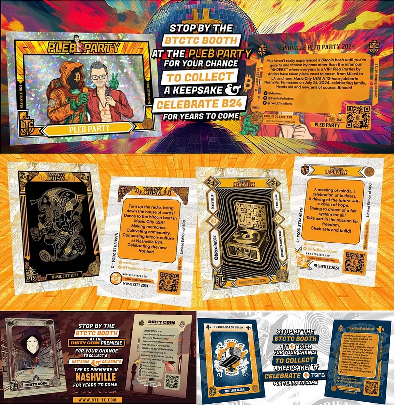 A layout of the five commemorative Bitcoin Trading Cards made for the Nashville conference, each shown with its booth invitation