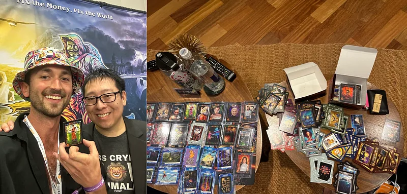 Koil with Samson Mow at the Bitcoin Trading Cards booth, beside a table covered with opened Series 2 packs and cards