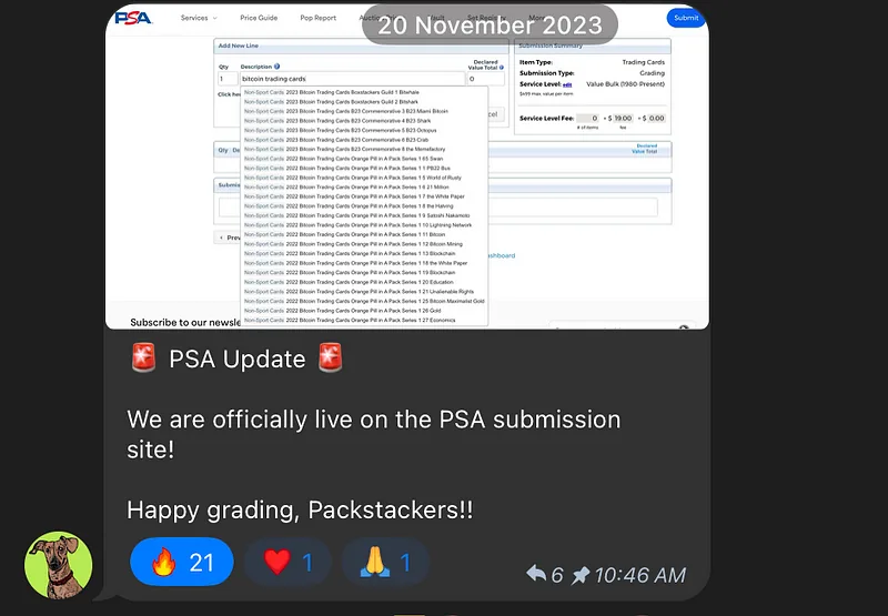 A Telegram post headed “PSA Update” announcing that Bitcoin Trading Cards are live on the PSA submission site, above a screenshot of the submission form