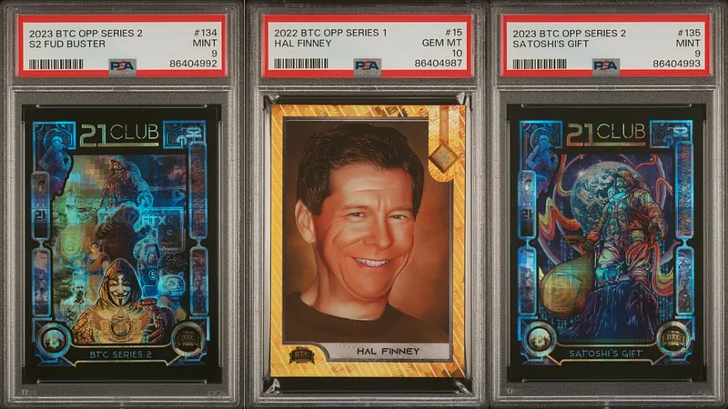 Three Bitcoin Trading Cards in PSA slabs: an S2 FUD Buster graded Mint 9, a Hal Finney graded Gem Mint 10 and a Satoshi’s Gift graded Mint 9