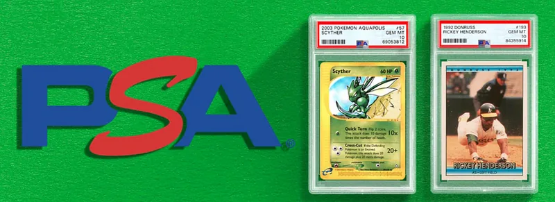 A PSA promotional banner: the PSA logo on green beside two slabbed cards, a graded Pokémon card and a graded baseball card