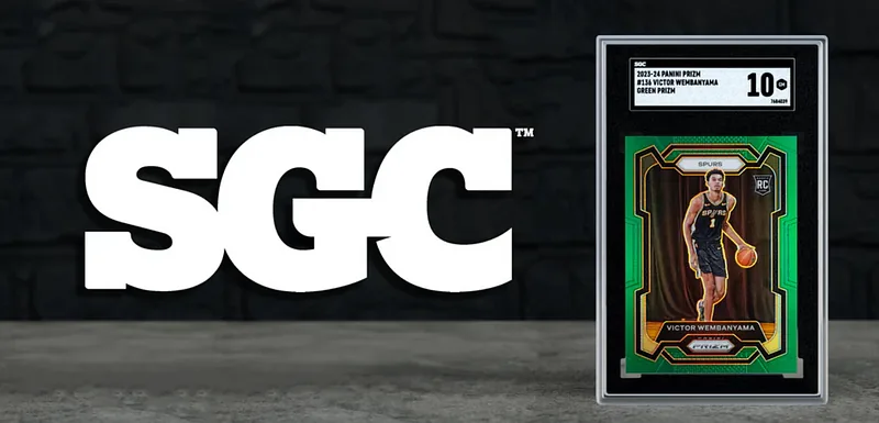 An SGC promotional banner: the SGC logo on a dark wall beside a slabbed basketball rookie card graded 10