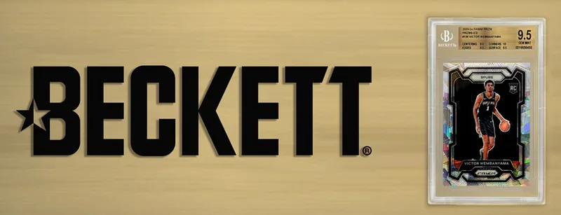 A Beckett promotional banner: the BECKETT logo on brass beside a slabbed basketball card graded 9.5