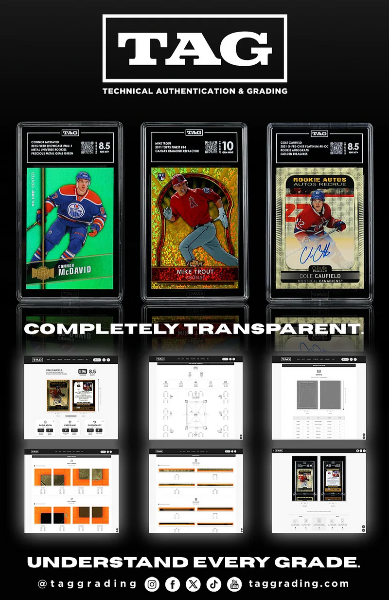 A TAG one-pager showing three TAG-slabbed cards above sample digital grading reports, headed “Completely transparent” and “Understand every grade”