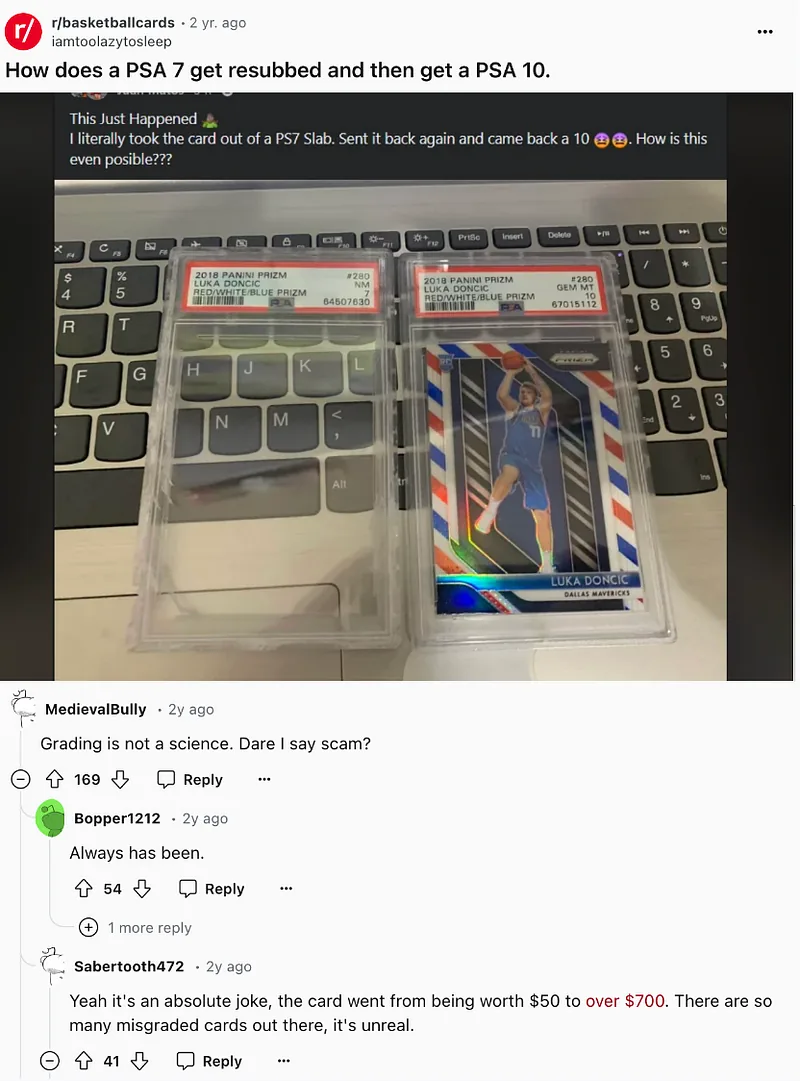 A Reddit thread on r/basketballcards asking how a PSA 7 came back a PSA 10 after resubmission, with the two slabs photographed side by side and replies below