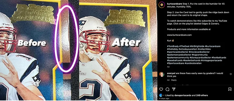An Instagram post from Kurt’s Card Care showing a card before and after surface care, with the treated area ringed, beside the written instructions