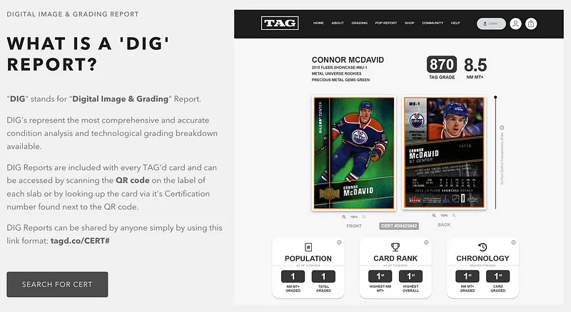The TAG website explaining what a DIG report is, beside a sample Connor McDavid digital grading report showing population, card rank and chronology