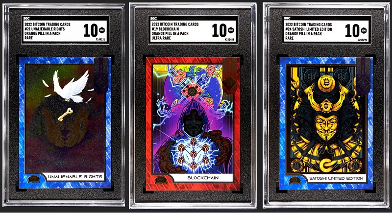 Three Series 1 Orange Pill in a Pack Bitcoin Trading Cards in SGC slabs, each graded 10
