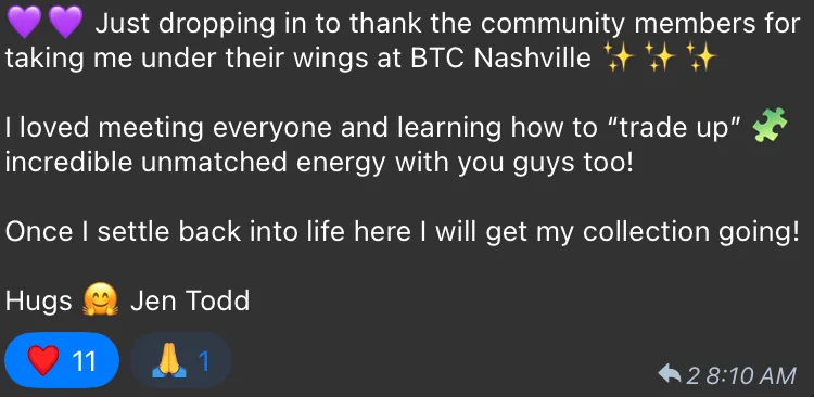 A Telegram message from Jen Todd thanking the Bitcoin Trading Cards community for taking her under their wing at BTC Nashville